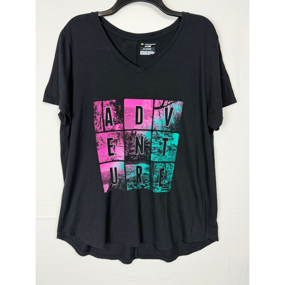 Tek Gear DryTek Womens XL Black V-Neck Adventure Graphic Short Sleeve Tee Shirt